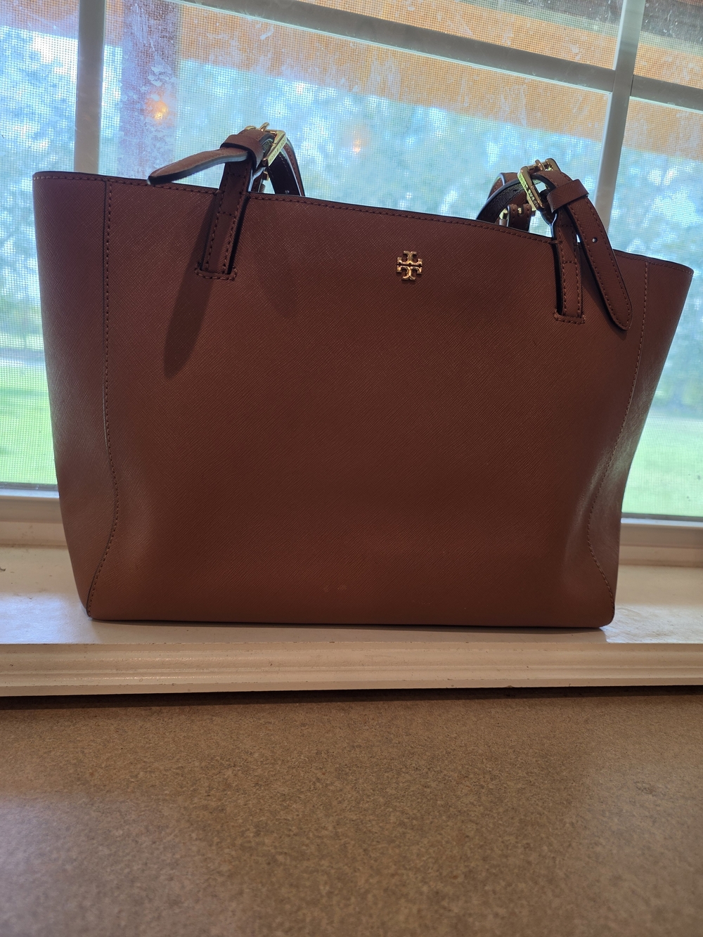 Tory Burch Caramel Brown Saffiano Leather Tote with Gold Logo